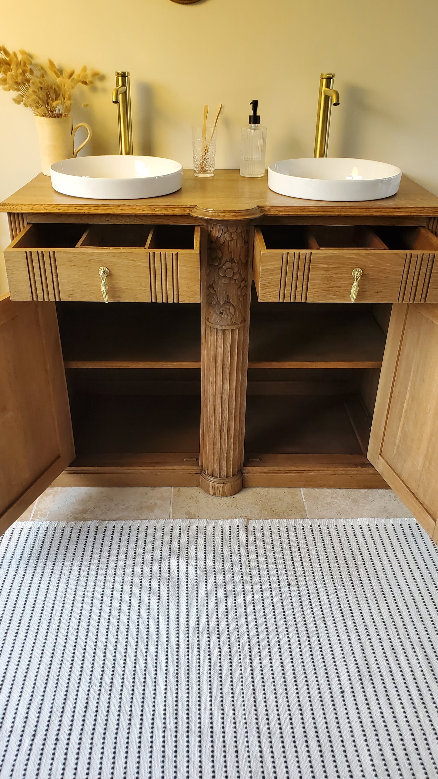 Meuble double vasque Art Déco en chêne massif