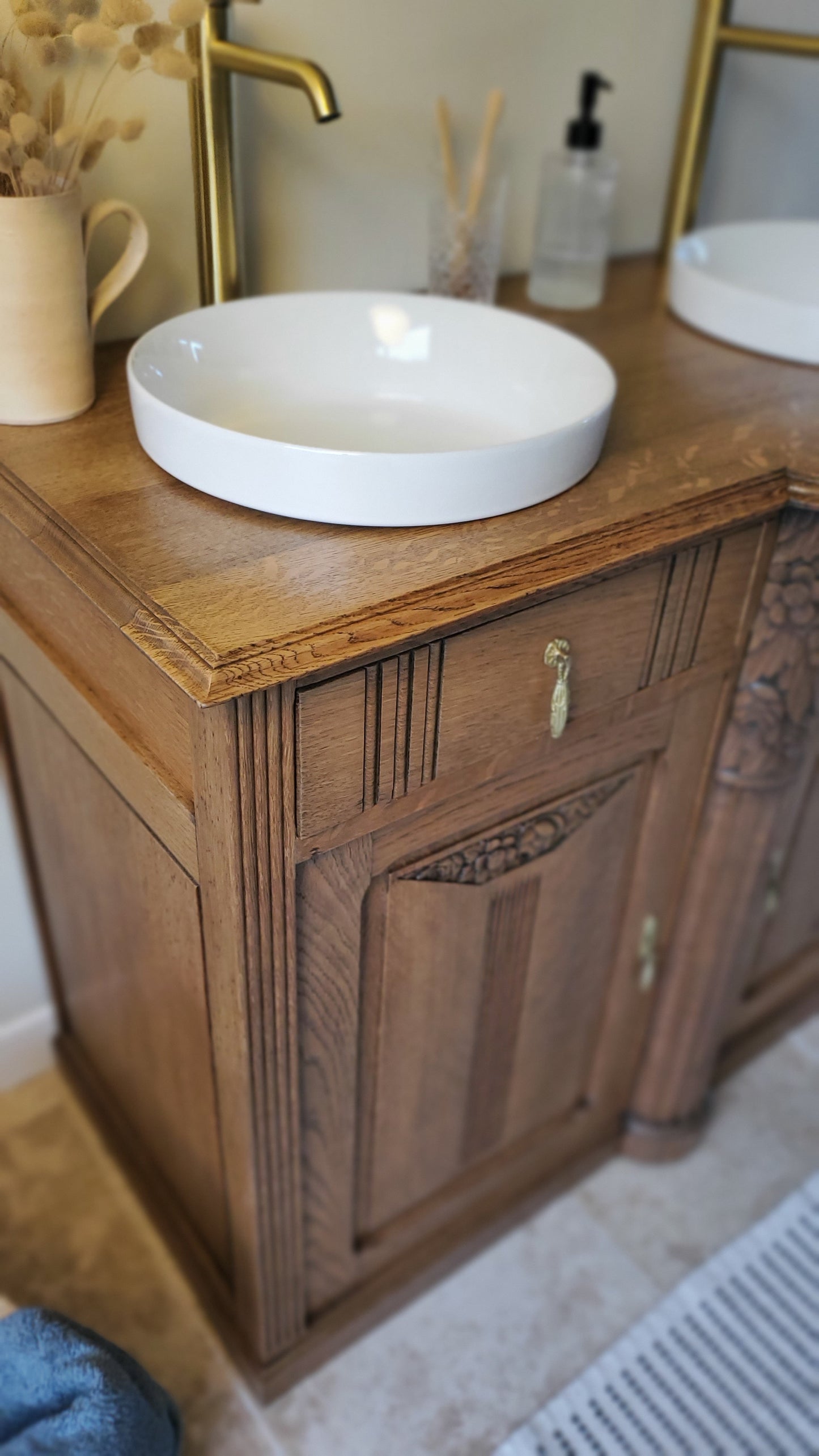 Meuble double vasque Art Déco en chêne massif