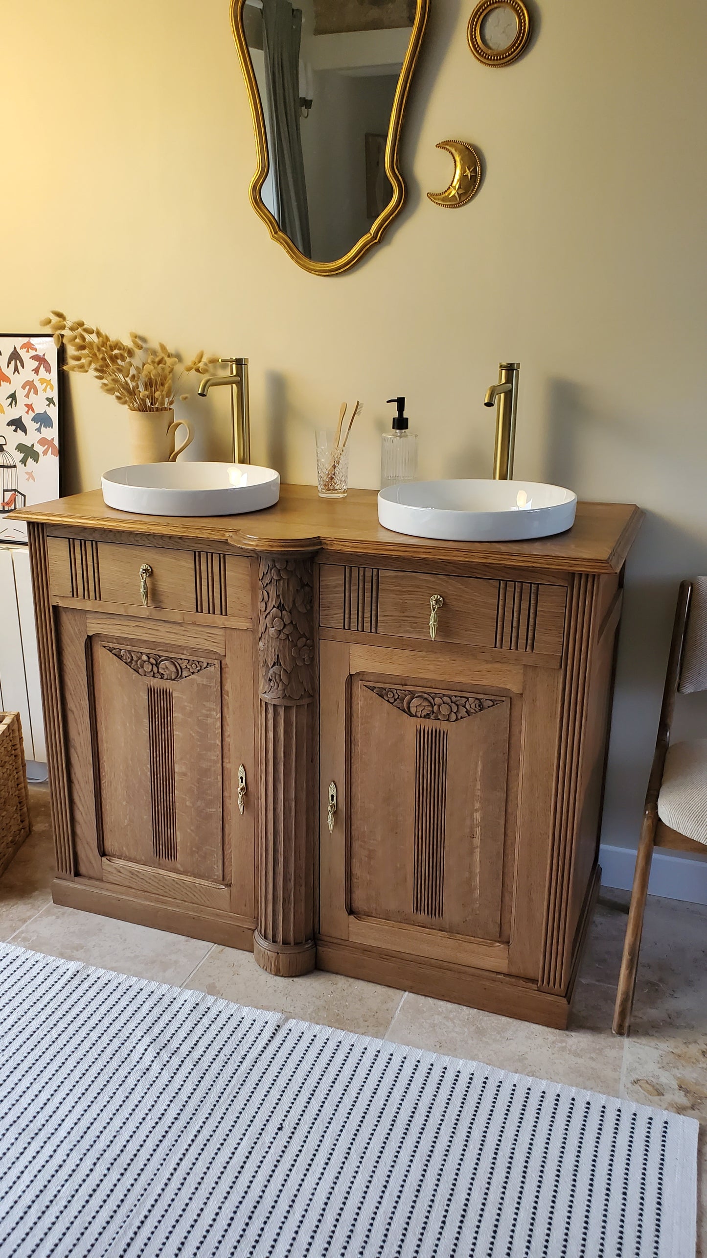 Meuble double vasque Art Déco en chêne massif