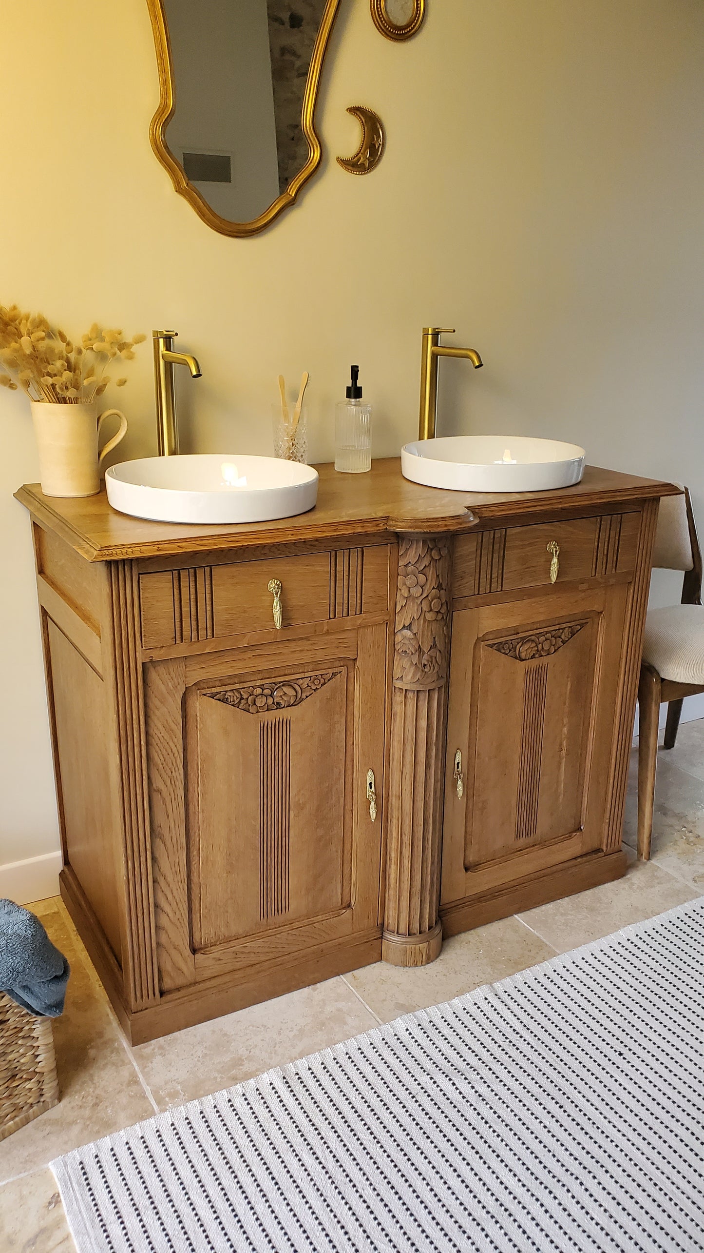 Meuble double vasque Art Déco en chêne massif